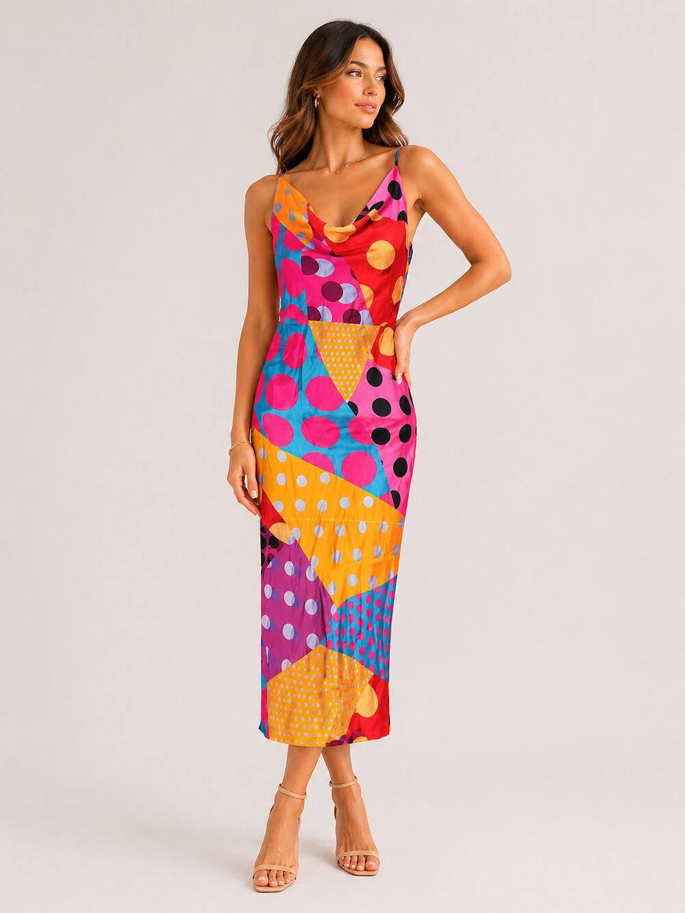 Rat Boi Bellissima Cowl Neck Slip Midi Dress Polka Dot Multicolor Size Small